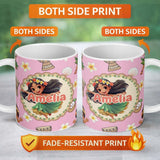 Personalized Custom Name Cute Hula Girl Soft Pink Background Tropical Flowers Coconut 11oz Ceramic Coffee Tea Mug White Large Handle