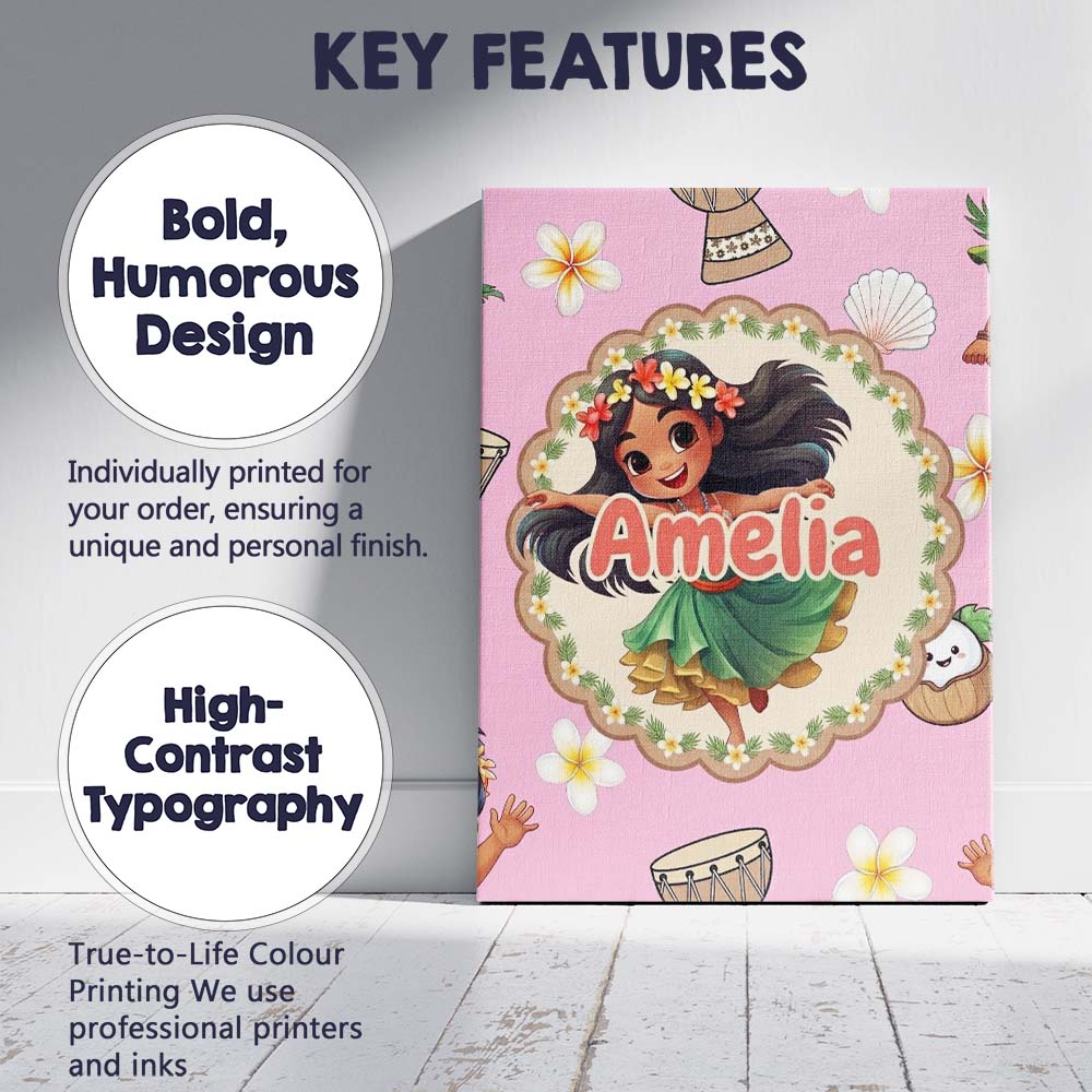 Personalised Name Cute Hula Girl Soft Pink Custom  Unique Gift Idea Elegant Feature Canvas Wall Art Print Decor Picture Ready to Hang