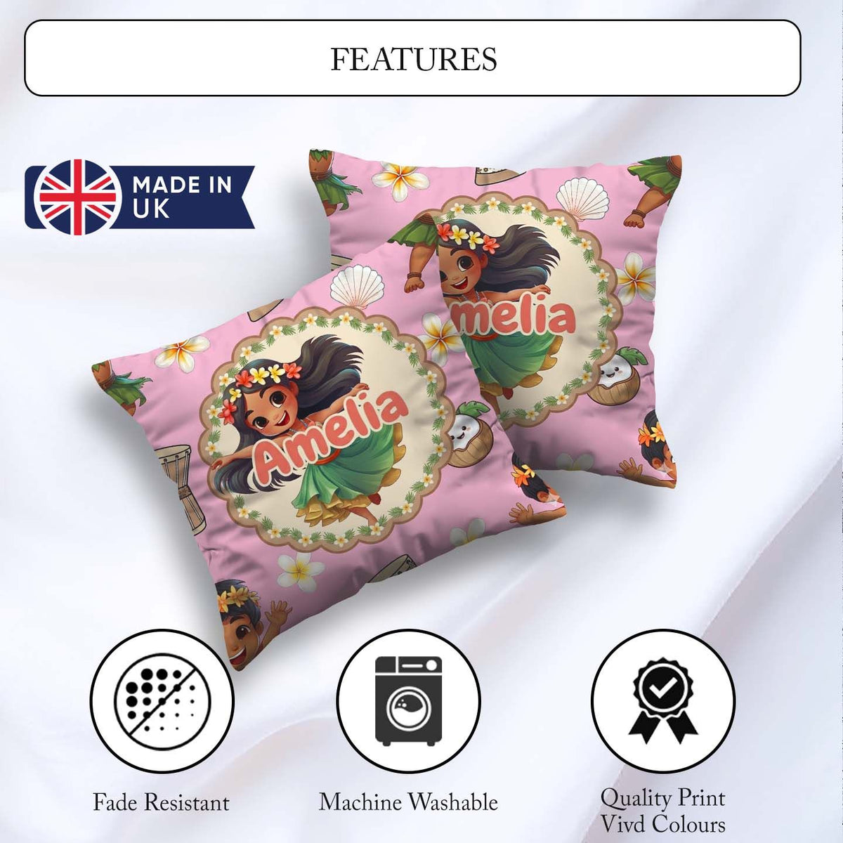 Custom Name Cute Hula Girl Soft Pink Background Tropical Flowers Square Filled Cushion Throw Pillow Sofa Bed Home Decor Zip Washable UK Made