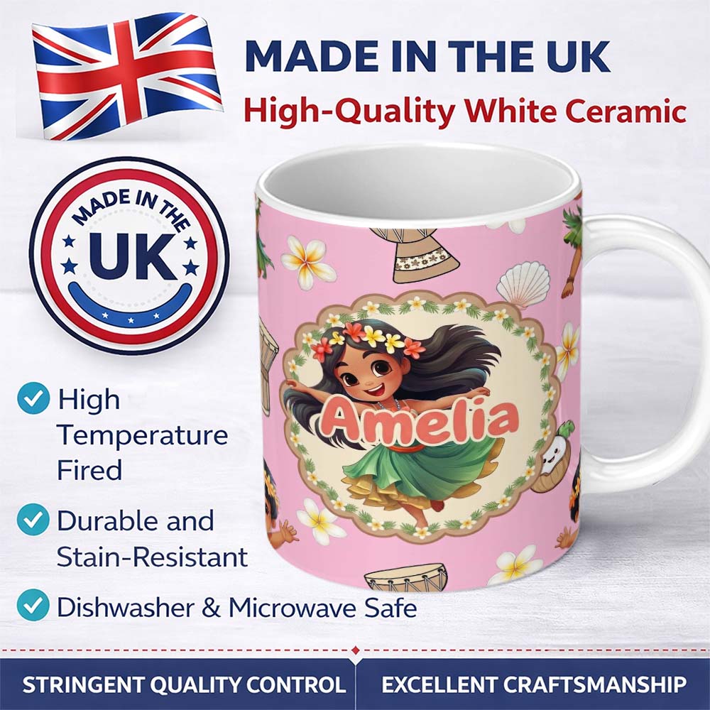Personalized Custom Name Cute Hula Girl Soft Pink Background Tropical Flowers Coconut 11oz Ceramic Coffee Tea Mug White Large Handle