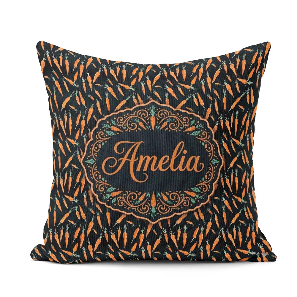 Custom Name Night Carrot Tossed Pattern Dark Background Seamless Square Filled Cushion Throw Pillow Sofa Bed Home Decor Zip Washable UK Made