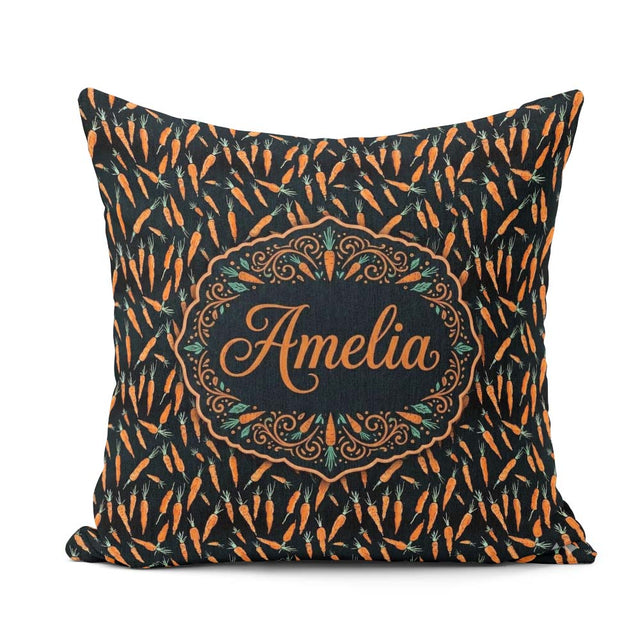 Custom Name Night Carrot Tossed Pattern Dark Background Seamless Square Filled Cushion Throw Pillow Sofa Bed Home Decor Zip Washable UK Made