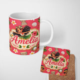 Personalized Custom Name Cute Hula Girl Red Background Tropical Flowers Coconut Seamless 11oz Ceramic Coffee Tea Mug White Large Handle