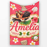 Cute Hula Girl Red Background Tropical Flowers Coconut Seamless  Personalised Custom Name Super Soft Fleece Blanket Bed Sofa Throw