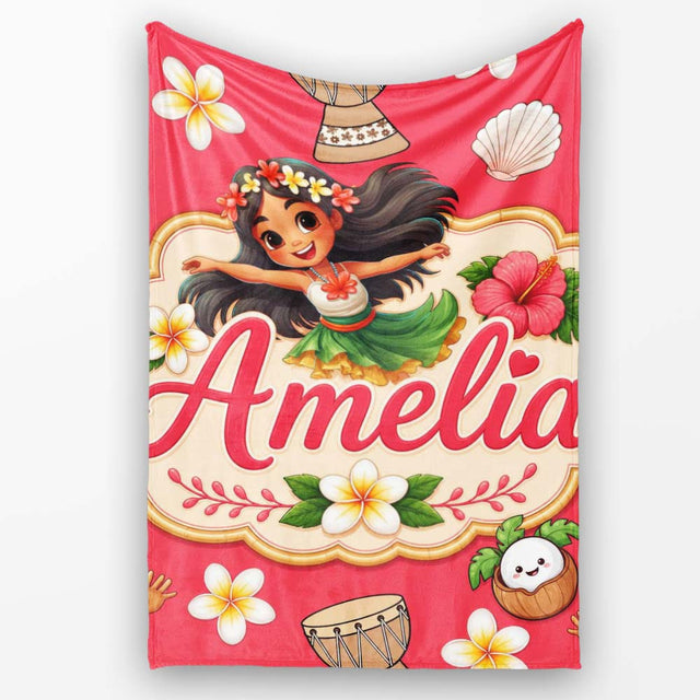 Cute Hula Girl Red Background Tropical Flowers Coconut Seamless  Personalised Custom Name Super Soft Fleece Blanket Bed Sofa Throw