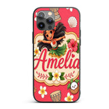 Cute Hula Girl Red Background Tropical Flowers Custom Name Protective Phone Case Mobile Cover Durable Everyday Smartphone Shock Resistant