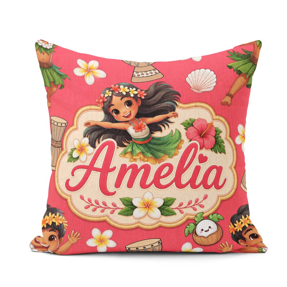 Custom Name Cute Hula Girl Red Tropical Flowers Coconut Seamless Square Filled Cushion Throw Pillow Sofa Bed Home Decor Zip Washable UK Made