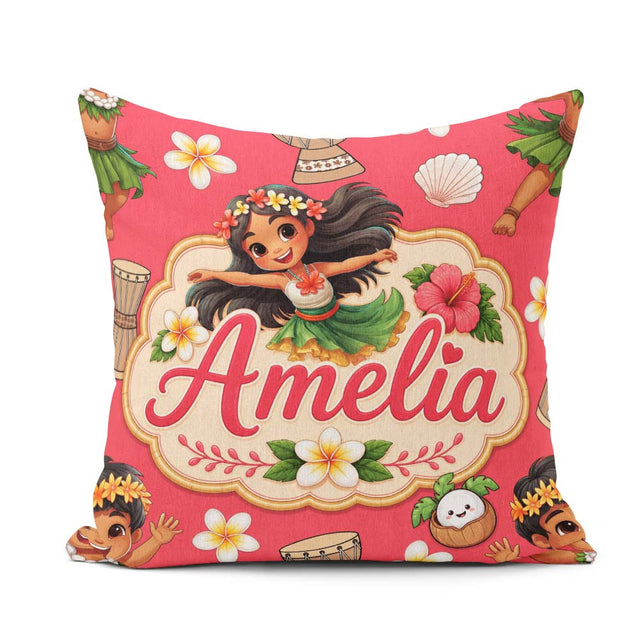 Custom Name Cute Hula Girl Red Tropical Flowers Coconut Seamless Square Filled Cushion Throw Pillow Sofa Bed Home Decor Zip Washable UK Made