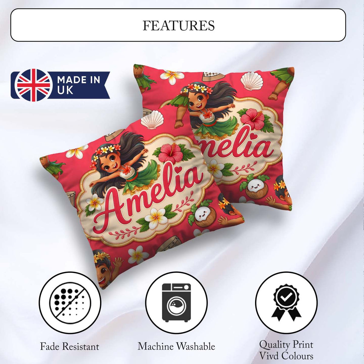 Custom Name Cute Hula Girl Red Tropical Flowers Coconut Seamless Square Filled Cushion Throw Pillow Sofa Bed Home Decor Zip Washable UK Made