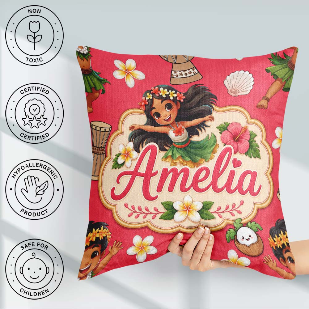 Custom Name Cute Hula Girl Red Tropical Flowers Coconut Seamless Square Filled Cushion Throw Pillow Sofa Bed Home Decor Zip Washable UK Made