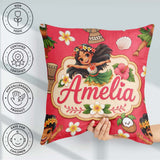 Custom Name Cute Hula Girl Red Tropical Flowers Coconut Seamless Square Filled Cushion Throw Pillow Sofa Bed Home Decor Zip Washable UK Made