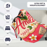 Cute Hula Girl Red Background Tropical Flowers Coconut Seamless  Personalised Custom Name Super Soft Fleece Blanket Bed Sofa Throw