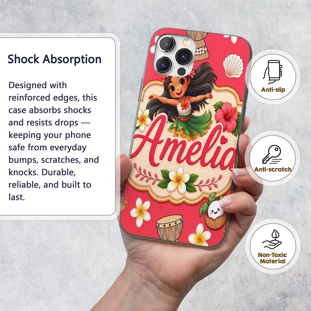 Cute Hula Girl Red Background Tropical Flowers Custom Name Protective Phone Case Mobile Cover Durable Everyday Smartphone Shock Resistant