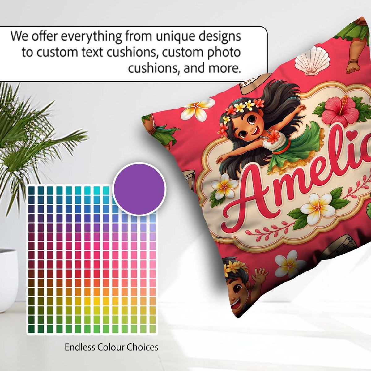 Custom Name Cute Hula Girl Red Tropical Flowers Coconut Seamless Square Filled Cushion Throw Pillow Sofa Bed Home Decor Zip Washable UK Made