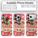 Cute Hula Girl Red Background Tropical Flowers Custom Name Protective Phone Case Mobile Cover Durable Everyday Smartphone Shock Resistant