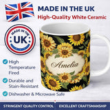 Personalized Custom Name Bright Sunflower Blooms with Green Leaves on White Background Lovely 11oz Ceramic Coffee Tea Mug White Large Handle