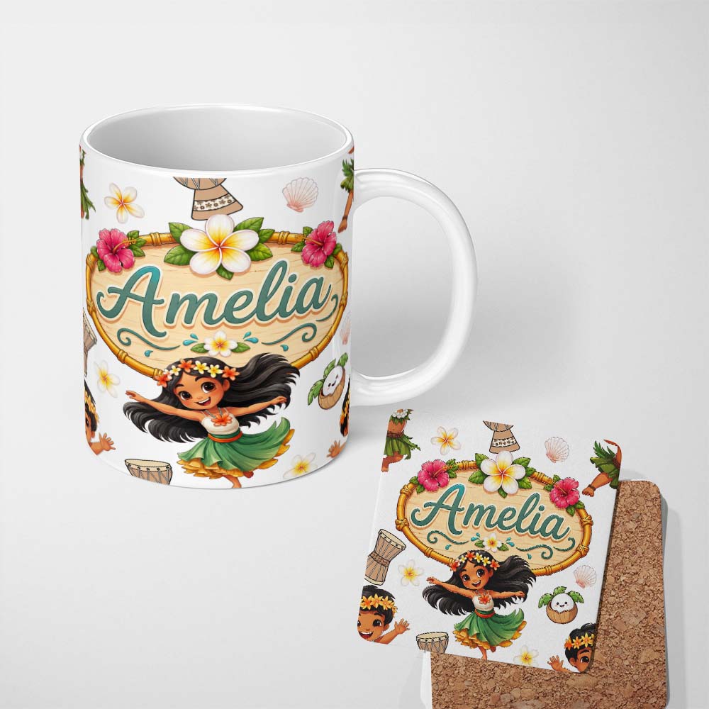 Personalized Custom Name Cute Hula Girl Grey Background Tropical Flowers Coconut Seamless 11oz Ceramic Coffee Tea Mug White Large Handle