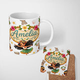 Personalized Custom Name Cute Hula Girl Grey Background Tropical Flowers Coconut Seamless 11oz Ceramic Coffee Tea Mug White Large Handle
