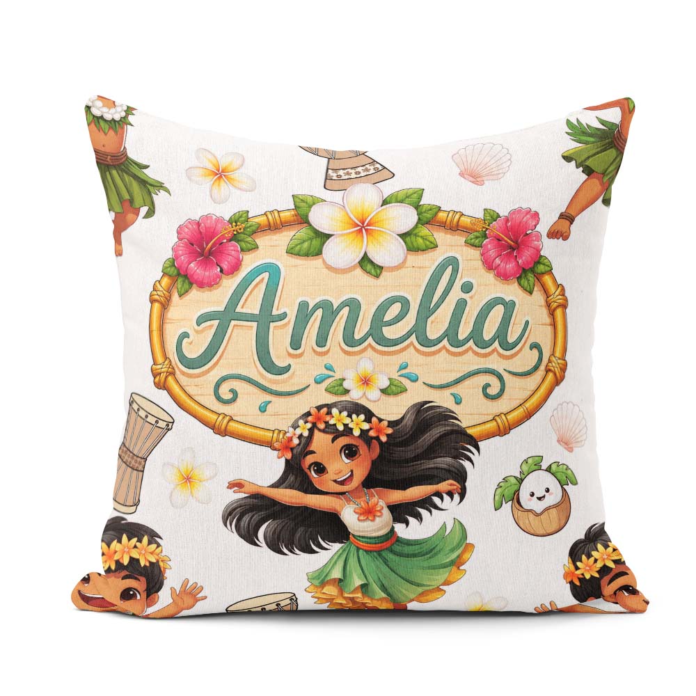 Custom Name Hula Girl Grey Background Tropical Flowers Seamless Square Filled Cushion Throw Pillow Sofa Bed Home Decor Zip Washable UK Made