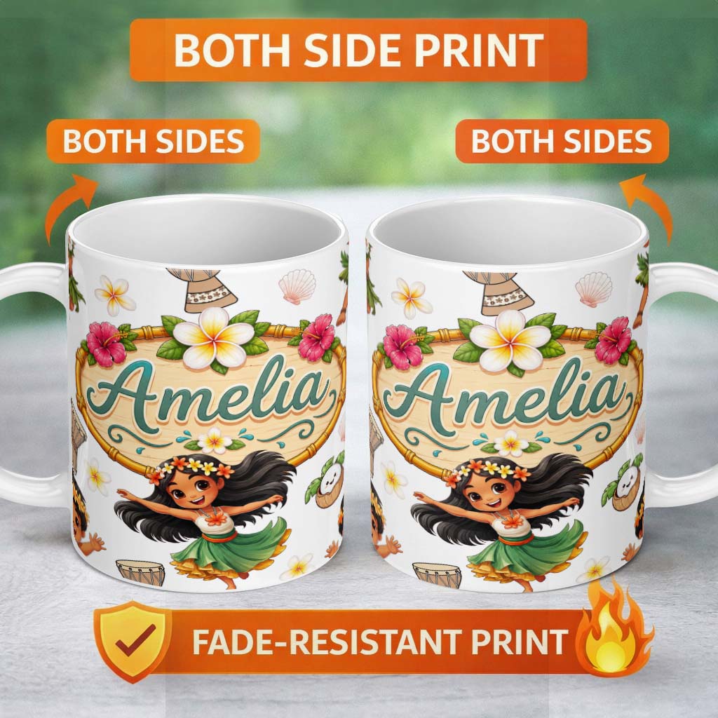 Personalized Custom Name Cute Hula Girl Grey Background Tropical Flowers Coconut Seamless 11oz Ceramic Coffee Tea Mug White Large Handle