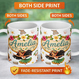 Personalized Custom Name Cute Hula Girl Grey Background Tropical Flowers Coconut Seamless 11oz Ceramic Coffee Tea Mug White Large Handle