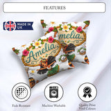 Custom Name Hula Girl Grey Background Tropical Flowers Seamless Square Filled Cushion Throw Pillow Sofa Bed Home Decor Zip Washable UK Made