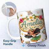 Personalized Custom Name Cute Hula Girl Grey Background Tropical Flowers Coconut Seamless 11oz Ceramic Coffee Tea Mug White Large Handle