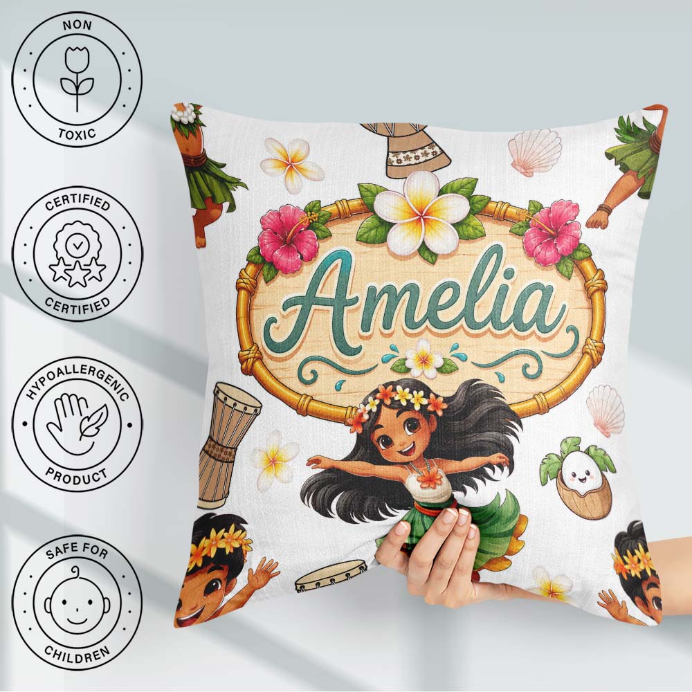Custom Name Hula Girl Grey Background Tropical Flowers Seamless Square Filled Cushion Throw Pillow Sofa Bed Home Decor Zip Washable UK Made