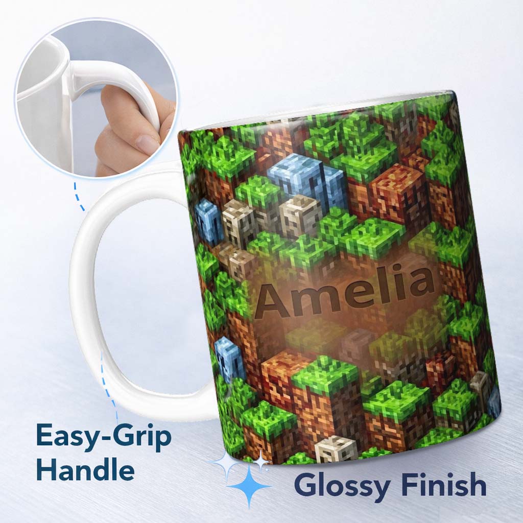 Personalized Custom Name Minecraft Style Grass Dirt Blocks Landscape Seamless Pattern Lovely 11oz Ceramic Coffee Tea Mug White Large Handle