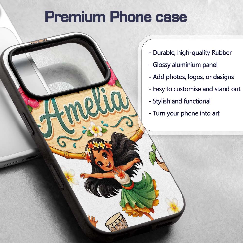 Cute Hula Girl Grey Background Tropical Flowers Custom Name Protective Phone Case Mobile Cover Durable Everyday Smartphone Shock Resistant