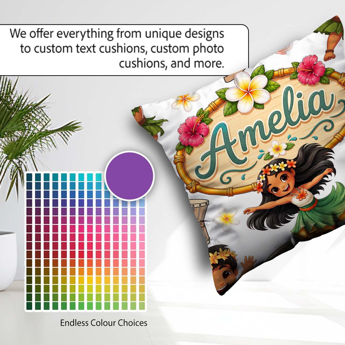 Custom Name Hula Girl Grey Background Tropical Flowers Seamless Square Filled Cushion Throw Pillow Sofa Bed Home Decor Zip Washable UK Made