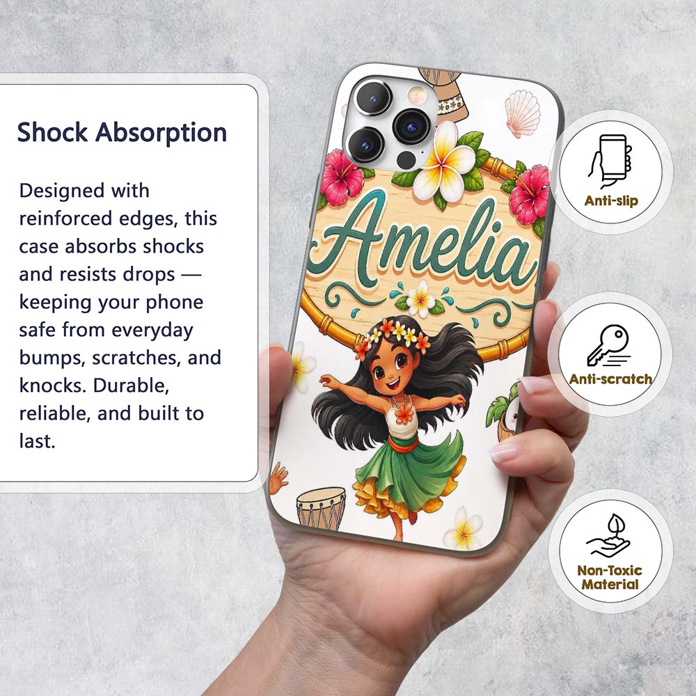 Cute Hula Girl Grey Background Tropical Flowers Custom Name Protective Phone Case Mobile Cover Durable Everyday Smartphone Shock Resistant