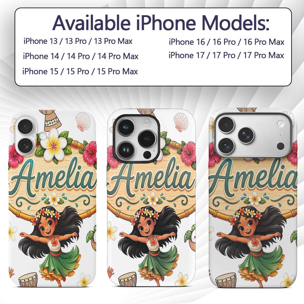 Cute Hula Girl Grey Background Tropical Flowers Custom Name Protective Phone Case Mobile Cover Durable Everyday Smartphone Shock Resistant