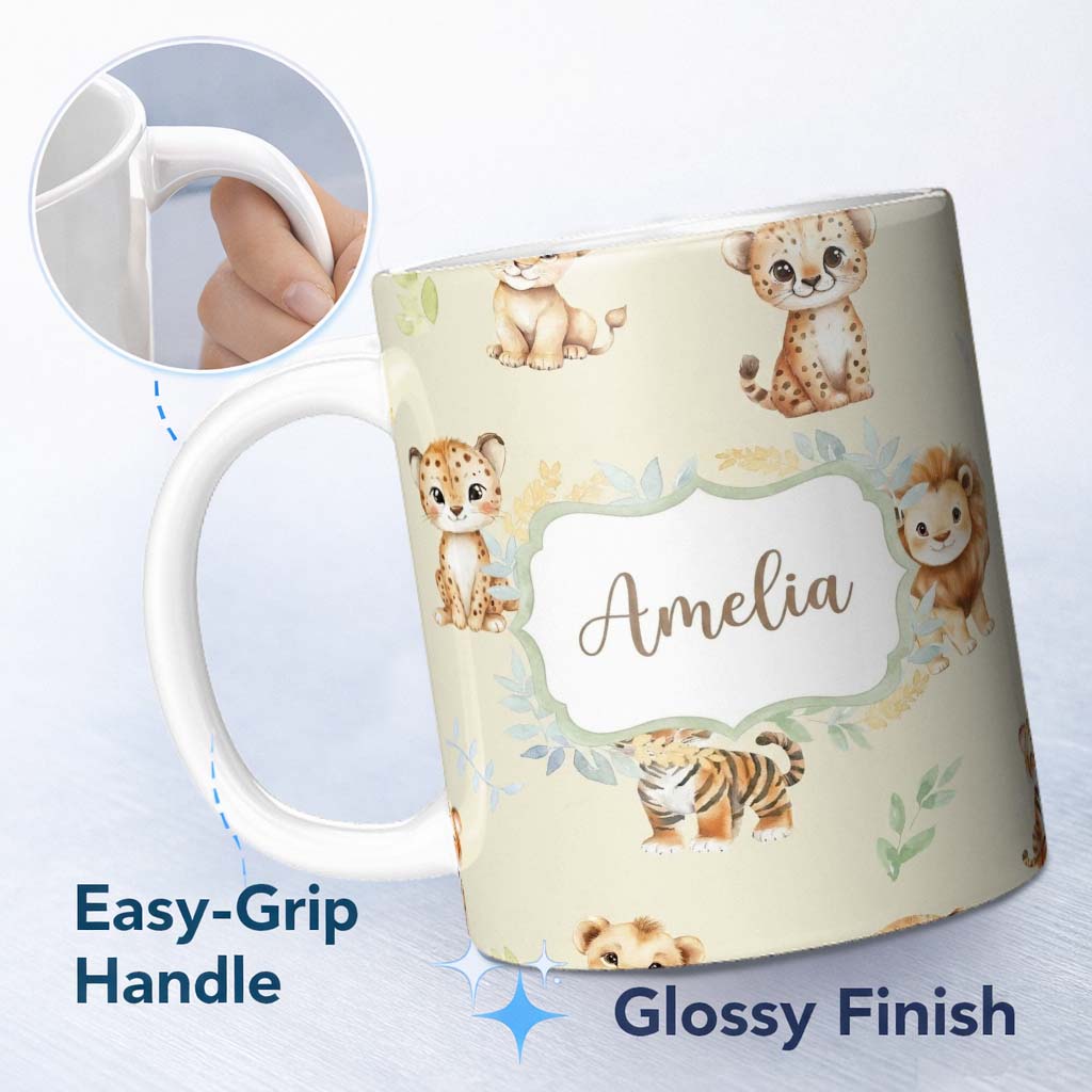 Personalized Custom Name Baby Safari Animals Leopard Tiger Lion on Soft Cream Seamless 11oz Ceramic Coffee Tea Mug White Large Handle