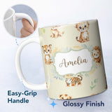 Personalized Custom Name Baby Safari Animals Leopard Tiger Lion on Soft Cream Seamless 11oz Ceramic Coffee Tea Mug White Large Handle