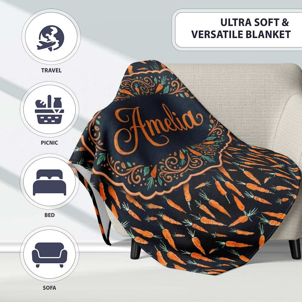Night Sky Carrot Tossed Pattern Dark Background Playful Seamless  Personalised Custom Name Super Soft Fleece Blanket Bed Sofa Throw