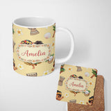 Personalized Custom Name Cute Hula Girl Yellow Background Tropical Flowers Coconut Seamless 11oz Ceramic Coffee Tea Mug White Large Handle