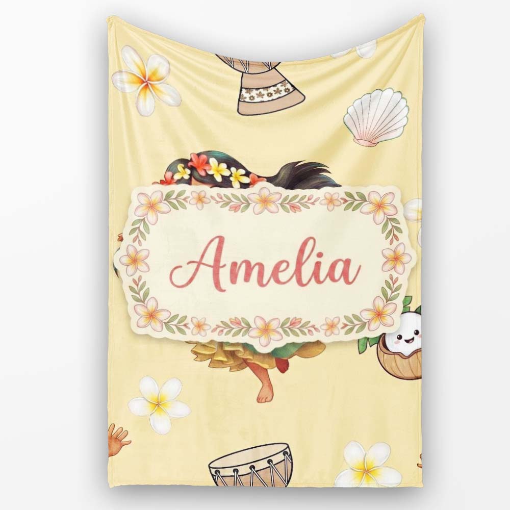 Cute Hula Girl Yellow Background Tropical Flowers Coconut Seamless  Personalised Custom Name Super Soft Fleece Blanket Bed Sofa Throw
