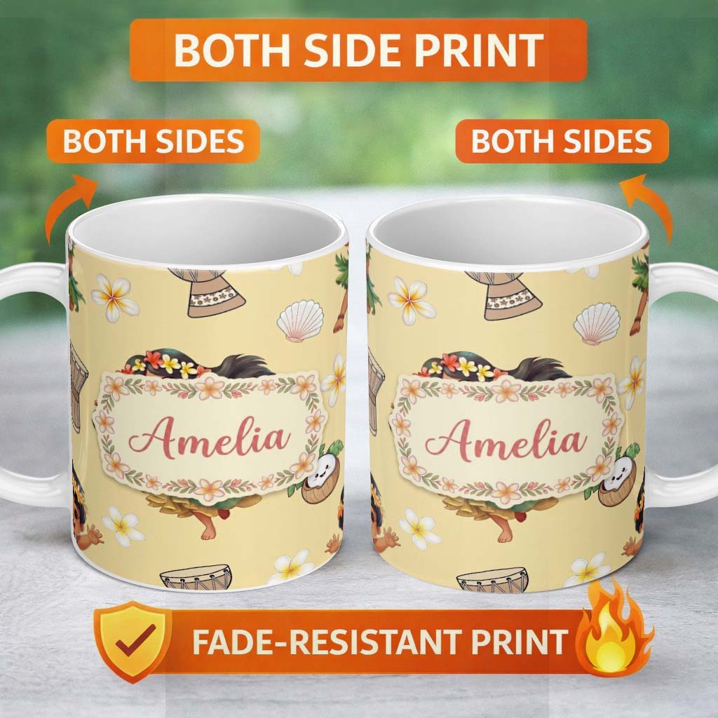 Personalized Custom Name Cute Hula Girl Yellow Background Tropical Flowers Coconut Seamless 11oz Ceramic Coffee Tea Mug White Large Handle