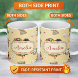 Personalized Custom Name Cute Hula Girl Yellow Background Tropical Flowers Coconut Seamless 11oz Ceramic Coffee Tea Mug White Large Handle