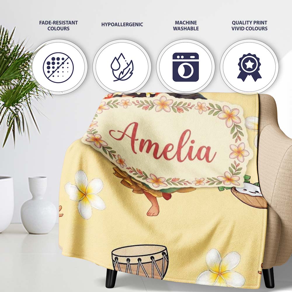 Cute Hula Girl Yellow Background Tropical Flowers Coconut Seamless  Personalised Custom Name Super Soft Fleece Blanket Bed Sofa Throw