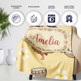Cute Hula Girl Yellow Background Tropical Flowers Coconut Seamless  Personalised Custom Name Super Soft Fleece Blanket Bed Sofa Throw