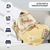 Cute Hula Girl Yellow Background Tropical Flowers Coconut Seamless  Personalised Custom Name Super Soft Fleece Blanket Bed Sofa Throw