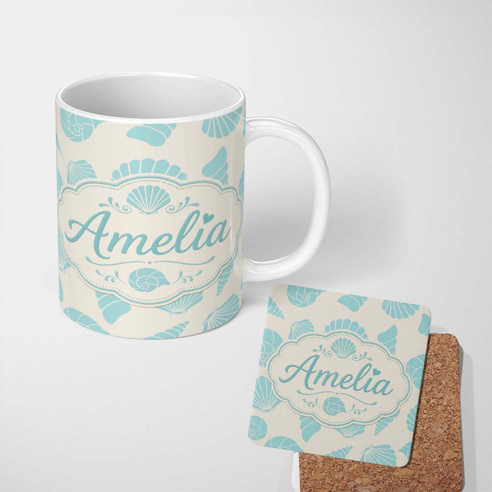 Personalized Custom Name Cute Sea Shells Blue Beige Minimal Seamless Pattern Name Unique Gift 11oz Ceramic Coffee Tea Mug White Large Handle