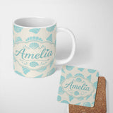 Personalized Custom Name Cute Sea Shells Blue Beige Minimal Seamless Pattern Name Unique Gift 11oz Ceramic Coffee Tea Mug White Large Handle