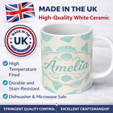 Personalized Custom Name Cute Sea Shells Blue Beige Minimal Seamless Pattern Name Unique Gift 11oz Ceramic Coffee Tea Mug White Large Handle