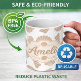 Personalized Custom Name Cute Sea Shells Neutral Beige Minimal Seamless Pattern Name Unique 11oz Ceramic Coffee Tea Mug White Large Handle