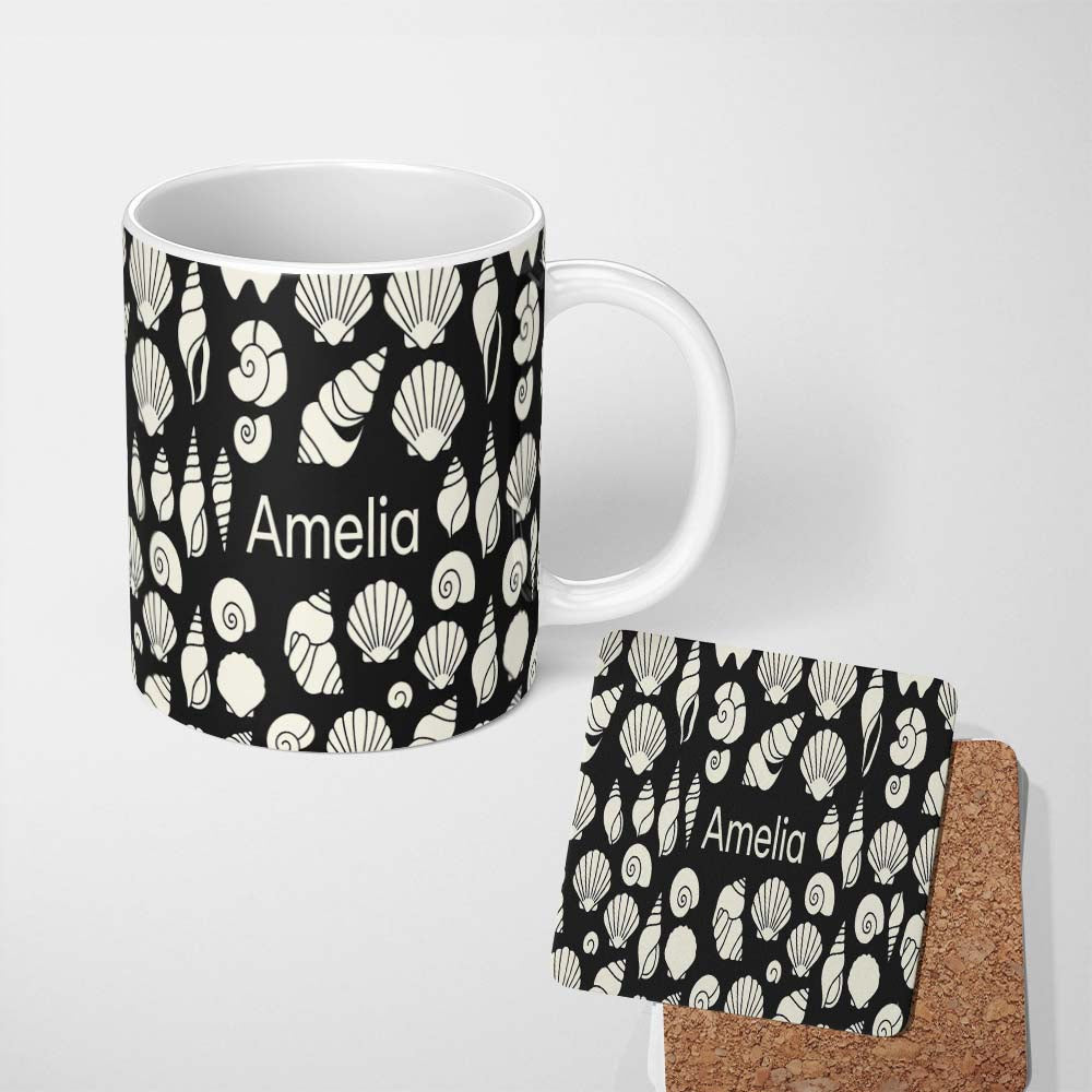Personalized Custom Name Minimal Sea Shells Black Background Seamless Pattern Name Cute 11oz Ceramic Coffee Tea Mug White Large Handle