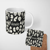 Personalized Custom Name Minimal Sea Shells Black Background Seamless Pattern Name Cute 11oz Ceramic Coffee Tea Mug White Large Handle