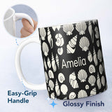Personalized Custom Name Minimal Sea Shells Black Background Seamless Pattern Name Cute 11oz Ceramic Coffee Tea Mug White Large Handle